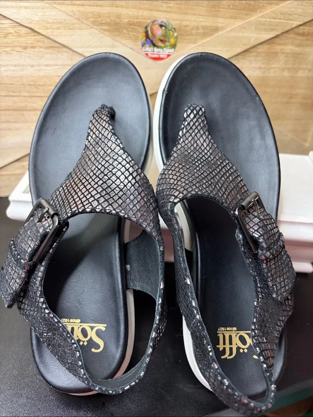 Sofft Farlyn Slingback Thong Sandals Sz 7.5 Leather Metallic Black Textured #583